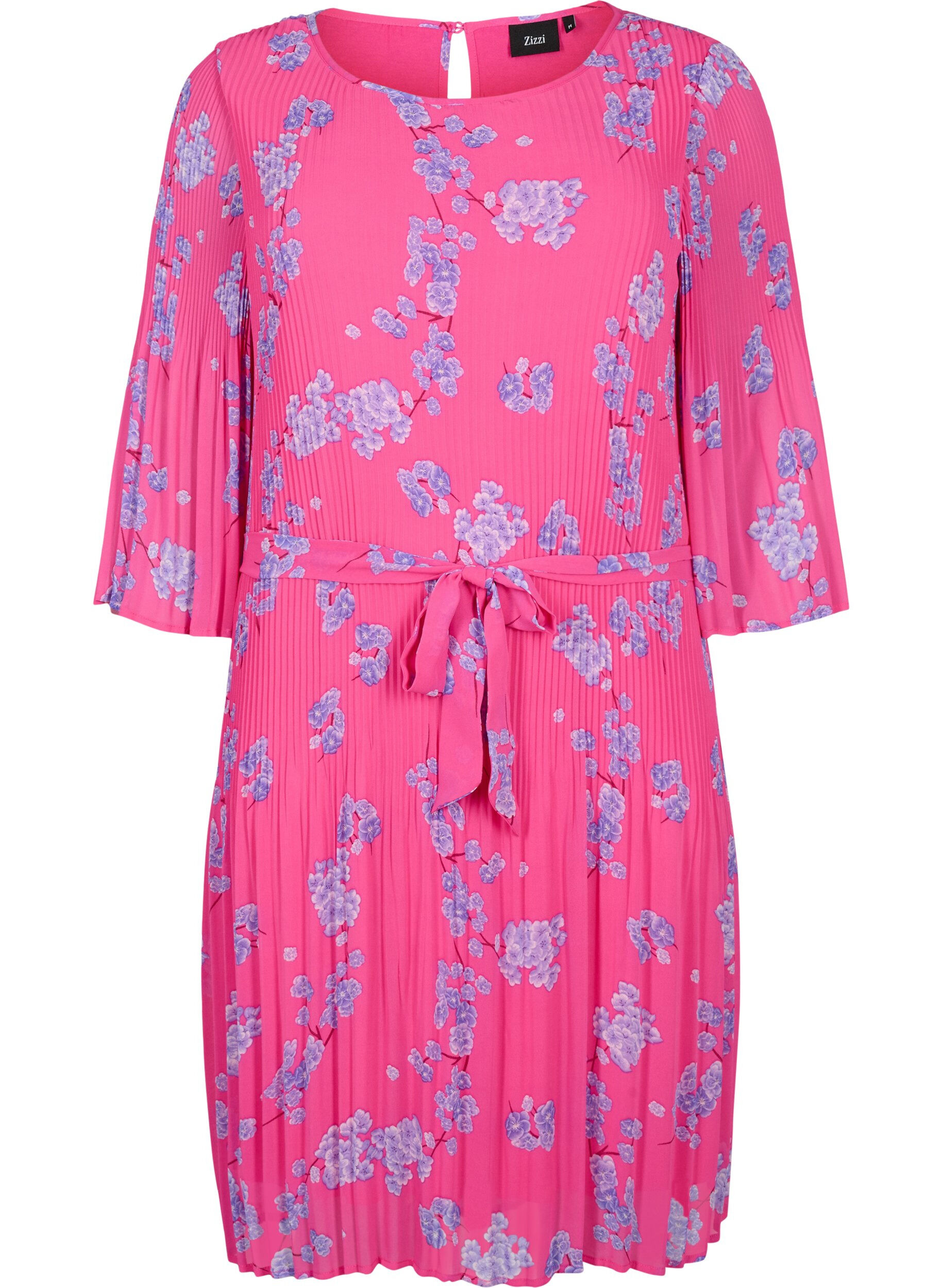 Zizzi Pliseerattu mekko nauhalla, Beetroot Purple AOP, Packshot image number 0