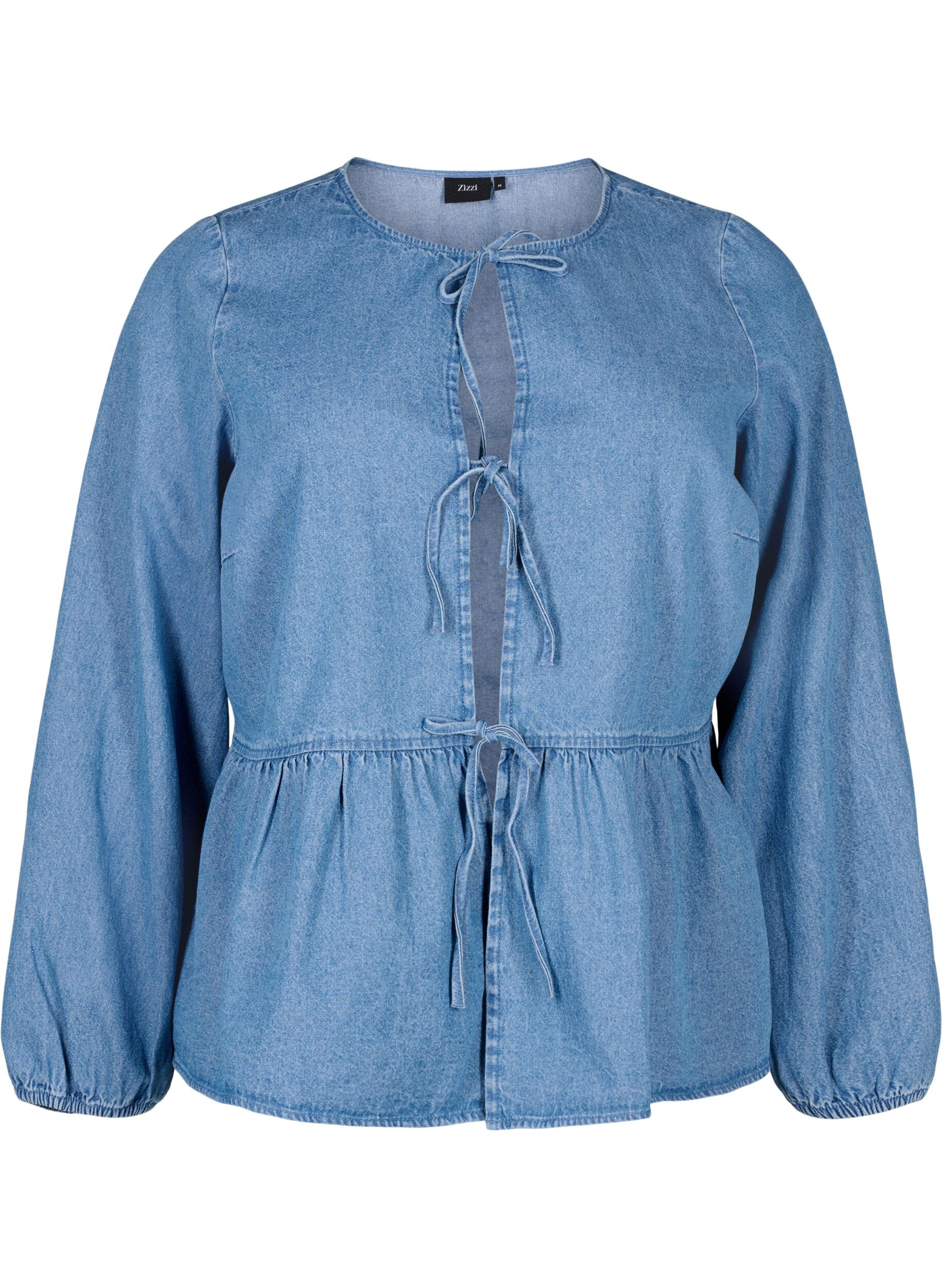 ZizziFarkkukankainen peplum-pusero, jossa on nauhakiinnitys, Light Blue Denim, Packshot image number 0
