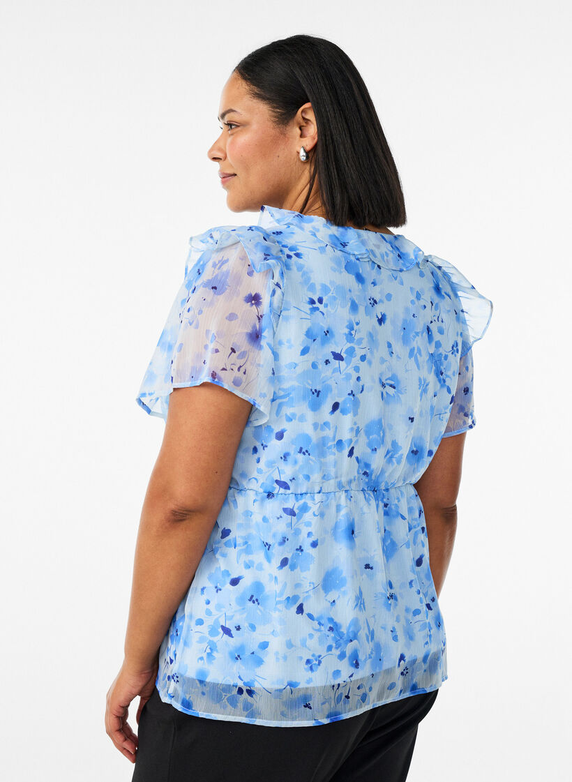Kukkakuvioinen pusero r&ouml;yhel&ouml;kauluksella ja peplum-efektill&auml;, Sininen, Model image number 2