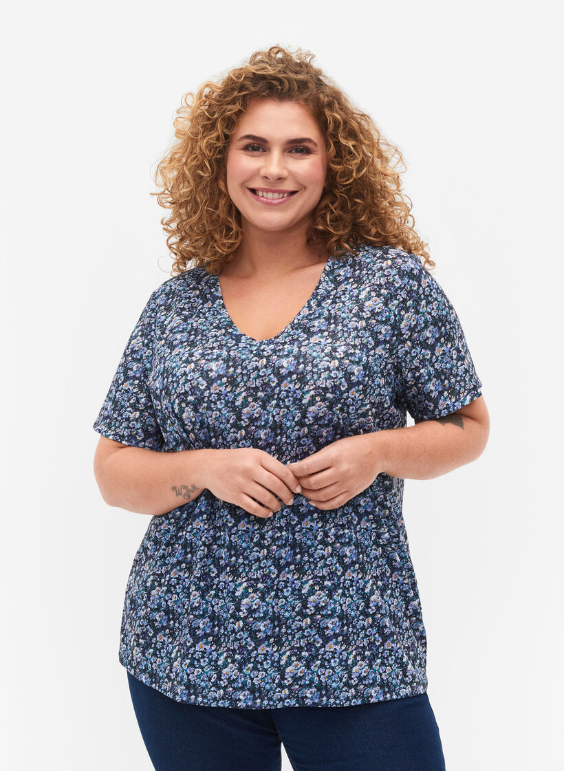 FLASH - T-paita kuosilla ja v-aukolla, Blue Green Ditsy, Model image number 0