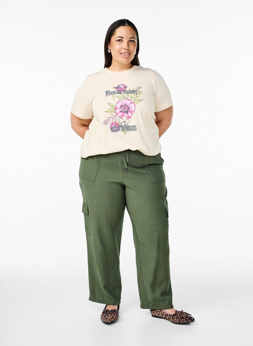 Puuvillainen T-paita printillä, Beige, Model image number 1