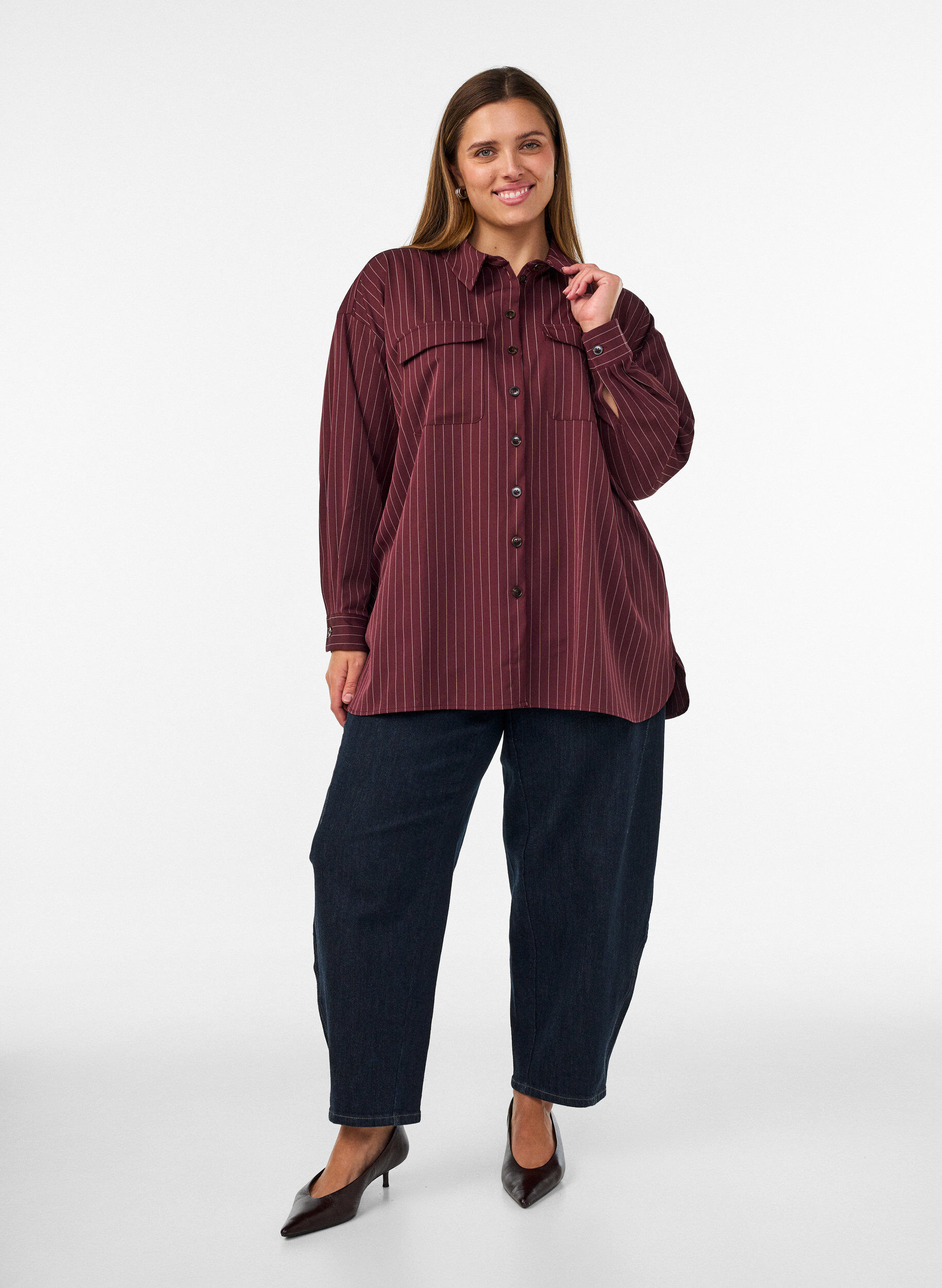 ZizziRaidallinen paita rintataskuilla, Punainen, Model image number 1