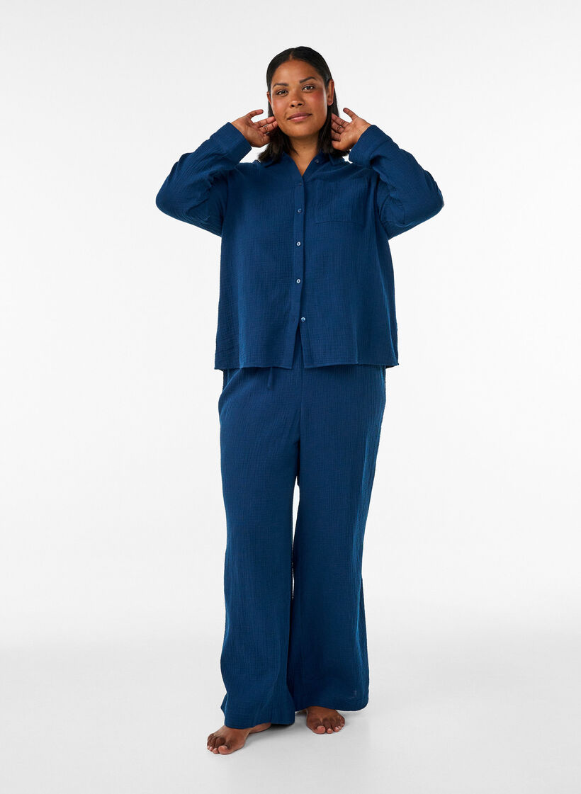Rento istuvuus puuvillaista musliinia olevat pyjamahousut, Sininen, Model image number 0