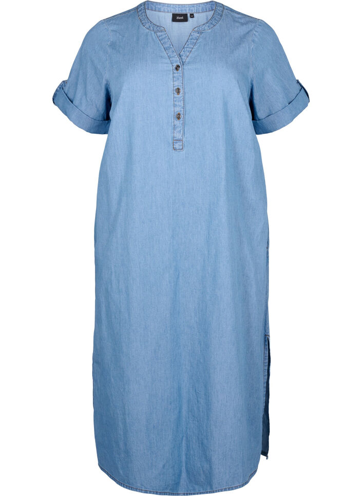 Farkkumekko, jossa on halkio ja lyhyet hihat, Blue denim, Packshot image number 0