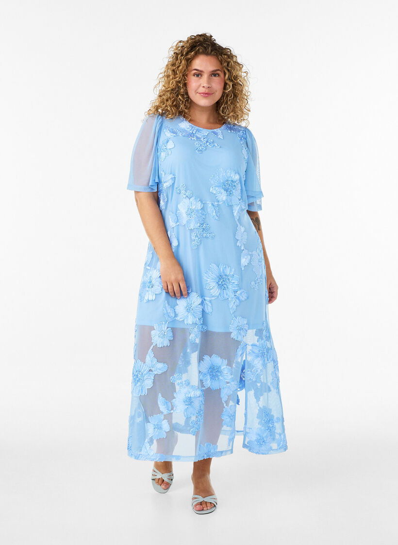 Mesh-mekko kukka-applikaatioilla, Sininen, Model image number 0