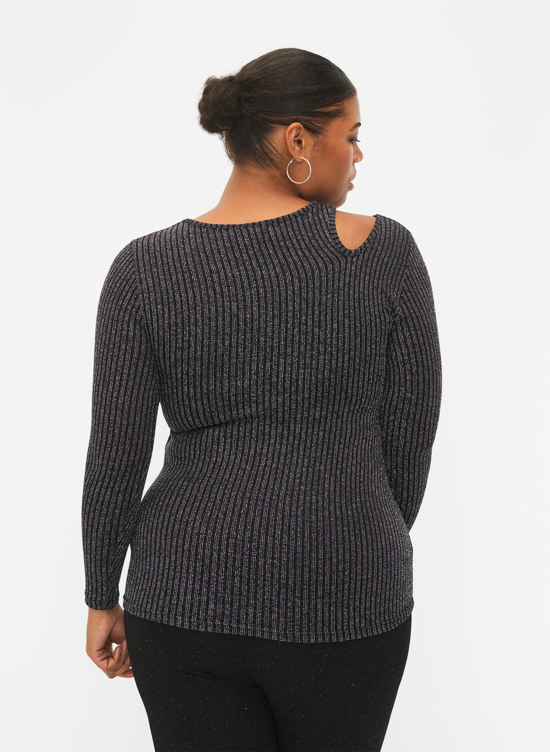 Zizzi Pitk&auml;hihainen cut out -pusero glitterill&auml;, B. w. Silver Stripes, Model image number 1