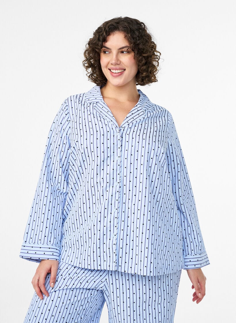 Seersucker-pyjamapaita, jossa pitkät hihat, Sininen, Model image number 0