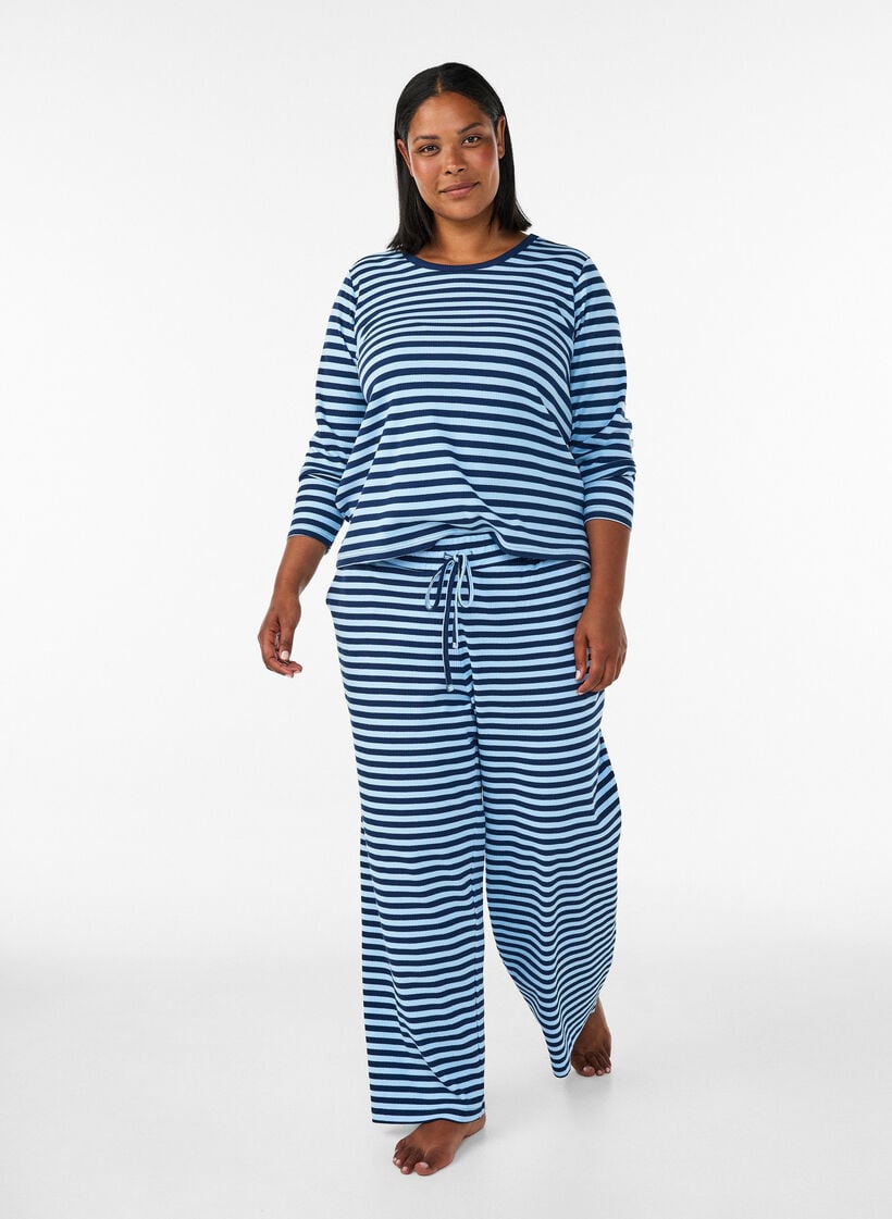 Pitk&auml;hihainen y&ouml;paita ribatusta jerseyst&auml;, jossa on raitoja, Sininen, Model image number 1