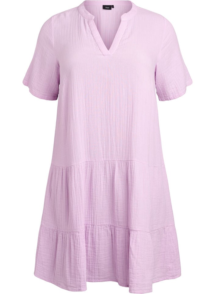Lyhyt A-linjainen mekko puuvillamusliinista, Violetti, Packshot image number 0