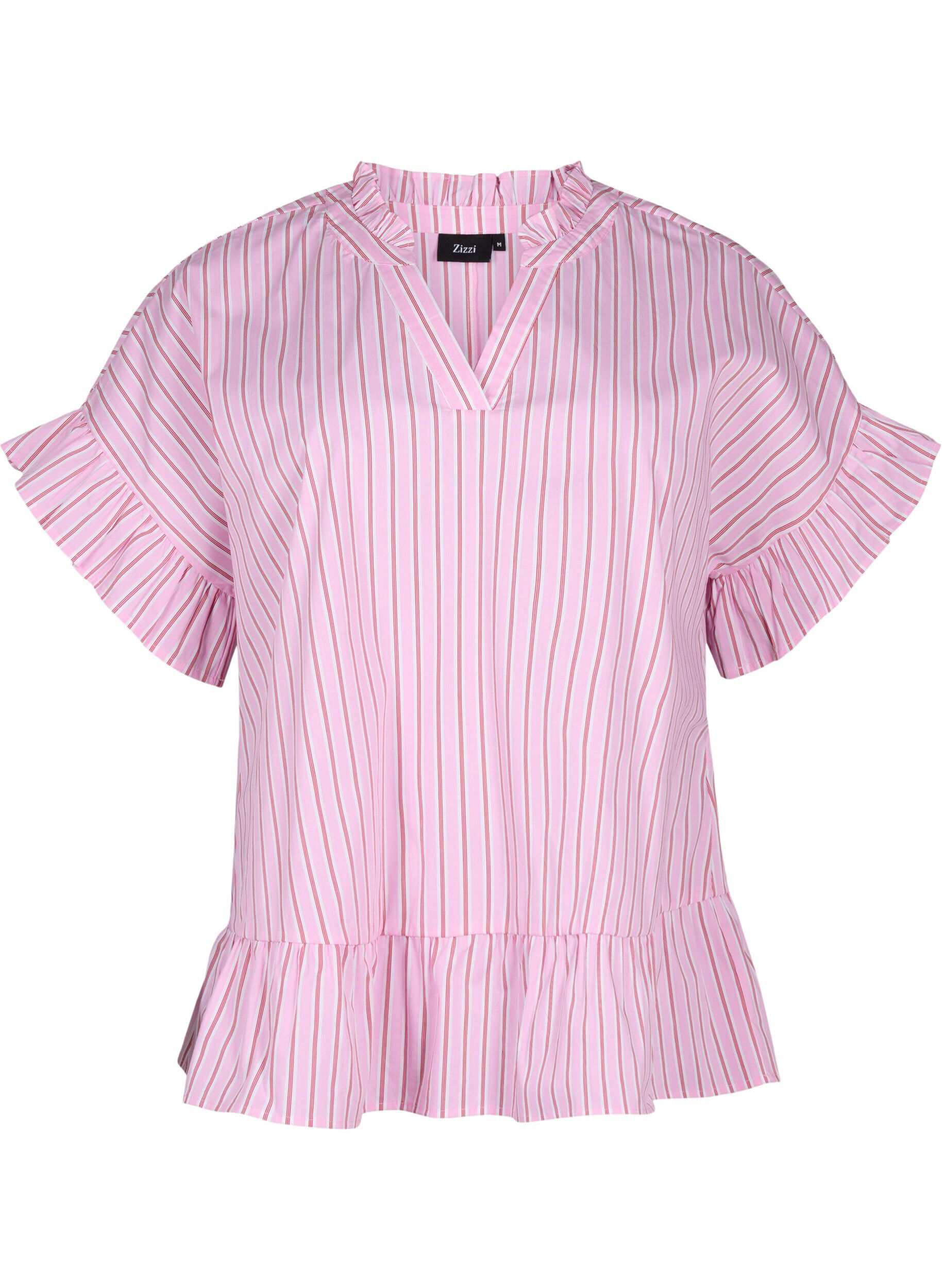 Zizzi Raidallinen pusero, jossa on peplum ja r&ouml;yhel&ouml;it&auml;, Pink Red Stripe, Packshot image number 0