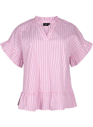 Raidallinen pusero, jossa on peplum ja röyhelöitä, Pink Red Stripe, Packshot image number 0