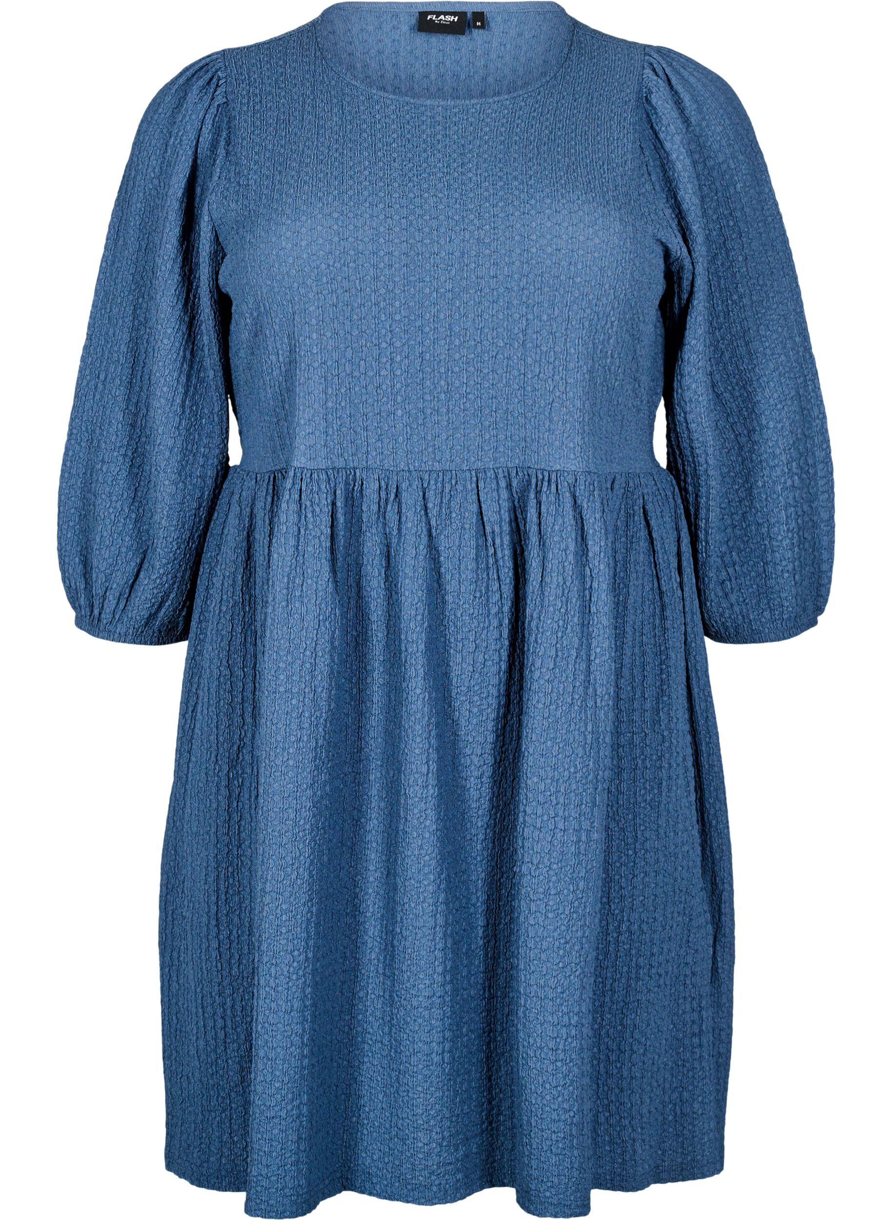 Zizzi Lyhyt mekko tekstuurilla ja 3/4-hihoilla, Sininen, Packshot image number 0