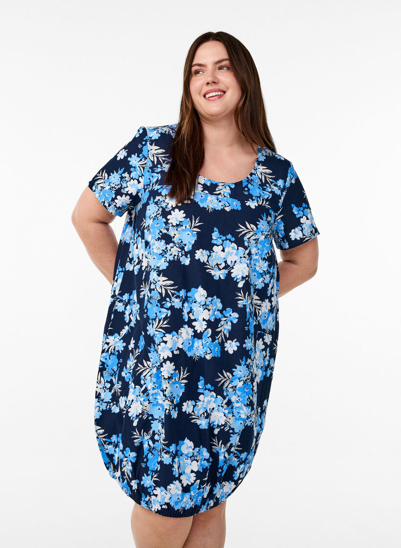 Lyhythihainen painokuvioitu puuvillamekko, Sininen, Model image number 0