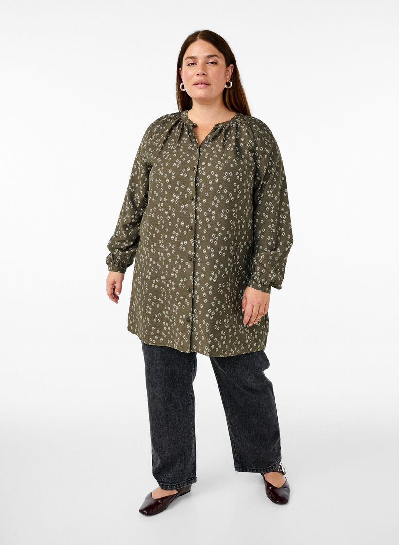 Pitkähihainen tunika kukallisella kuosilla, Vihreä, Model image number 1