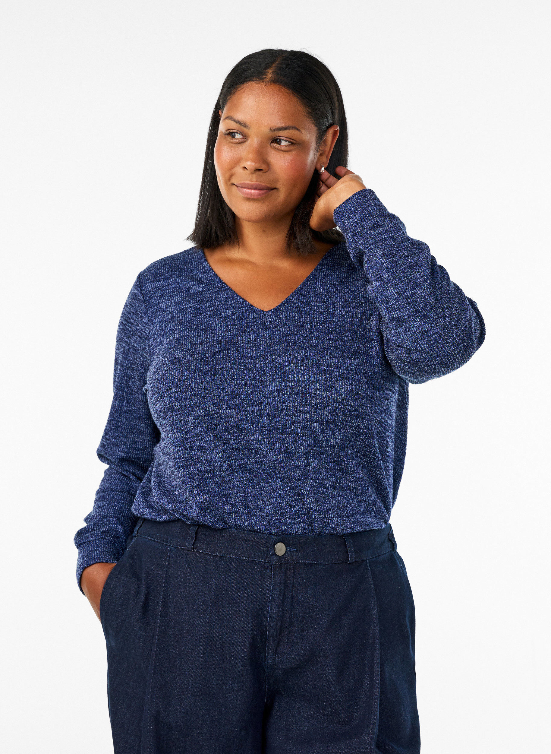 ZizziJerseypusero V-p&auml;&auml;ntiell&auml; ja pitk&auml;t hihat, Sininen, Model image number 0