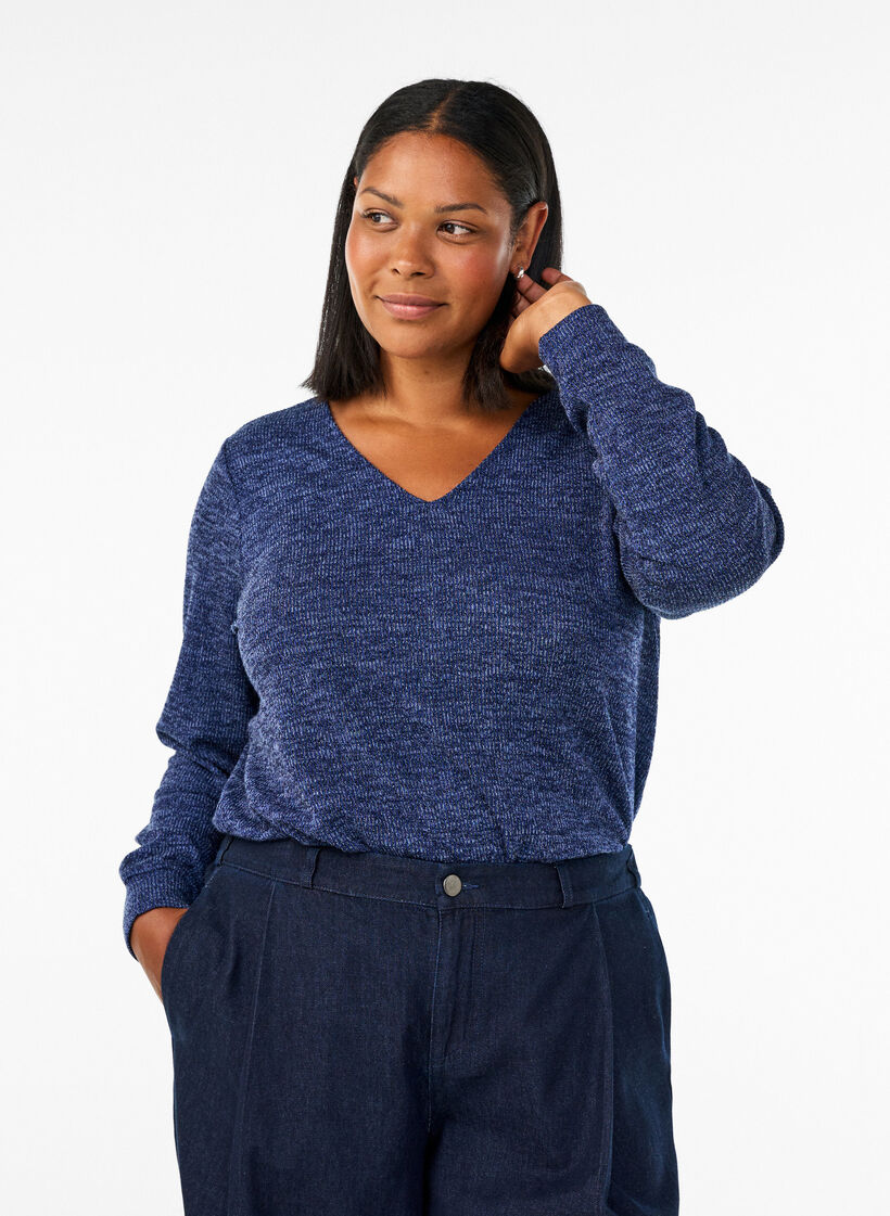 Jerseypusero V-p&auml;&auml;ntiell&auml; ja pitk&auml;t hihat, Sininen, Model image number 0