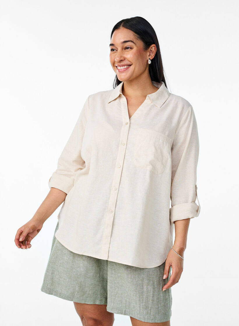 Paita pellavaa ja viskoosia, 3/4-hihoilla, Beige, Model image number 0
