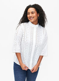 Puuvillainen paita reikäkuviolla, Bright White, Model