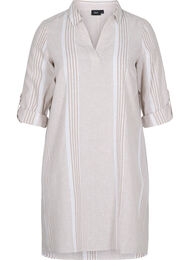 Puuvillasta ja pellavasta valmistettu raidallinen mekko, White Taupe Stripe