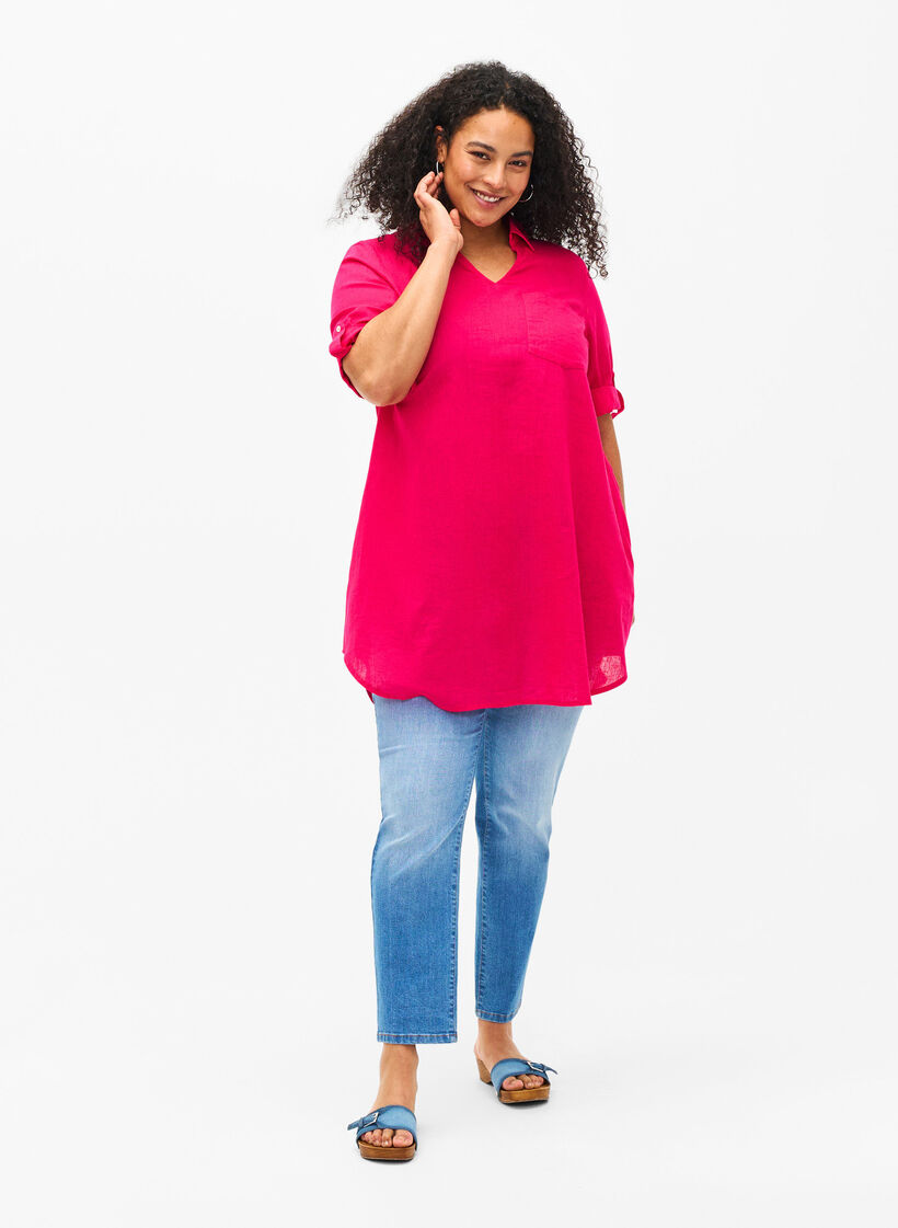 Lyhythihainen tunika puuvillan ja pellavan sekoitteesta, Bright Rose, Model image number 2