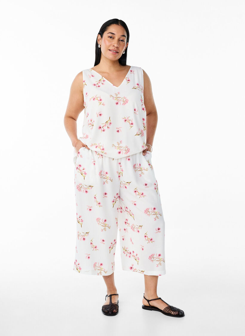 Culottes-housut kuosilla, Valkoinen, Model image number 0