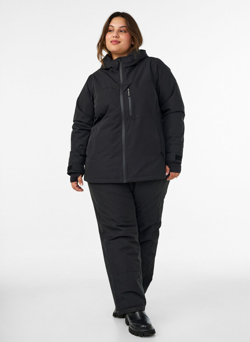Laskettelutakki hupulla ja vetoketjullisilla taskuilla, Musta, Model image number 1