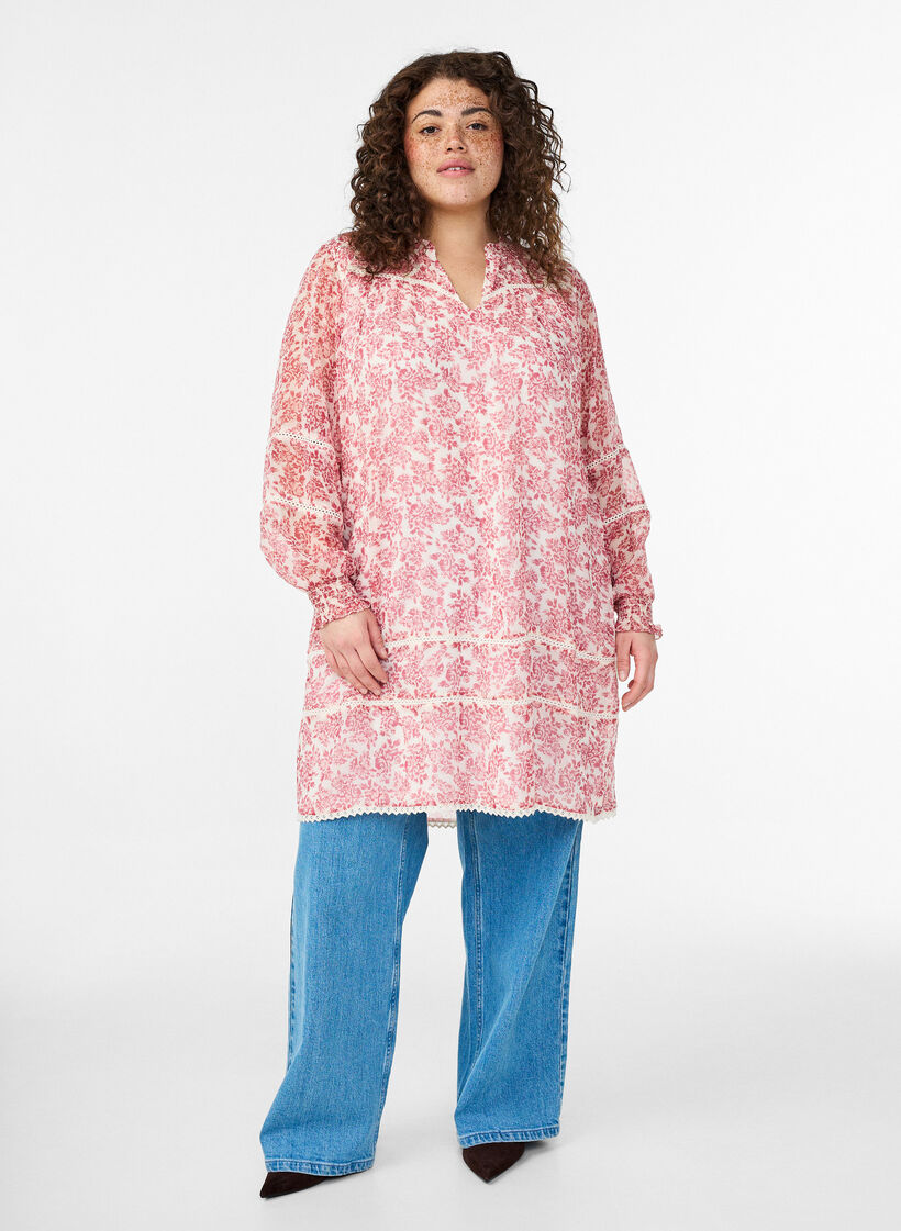 Lyhyt sifonkimekko virkkausdetaljeilla, Vaaleanpunainen, Model image number 0