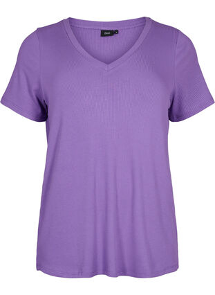 Viskoosista valmistettu ribattu t-paita v-pääntiellä, Deep Lavender, Packshot image number 0