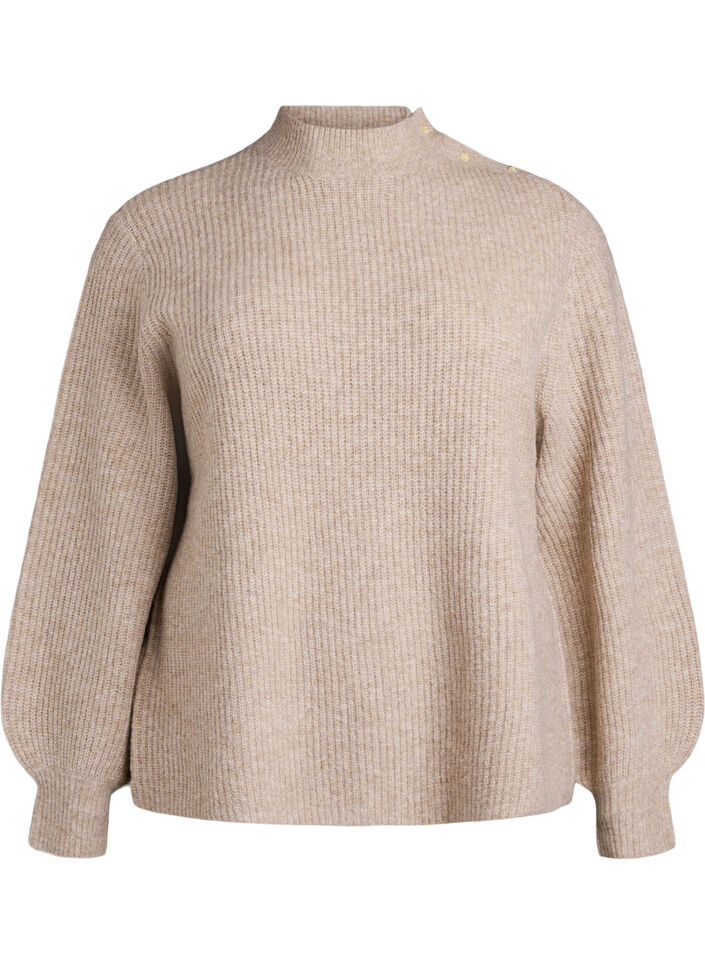 Ribattu neulepusero puff-hihoilla ja napeilla, Beige, Packshot image number 0
