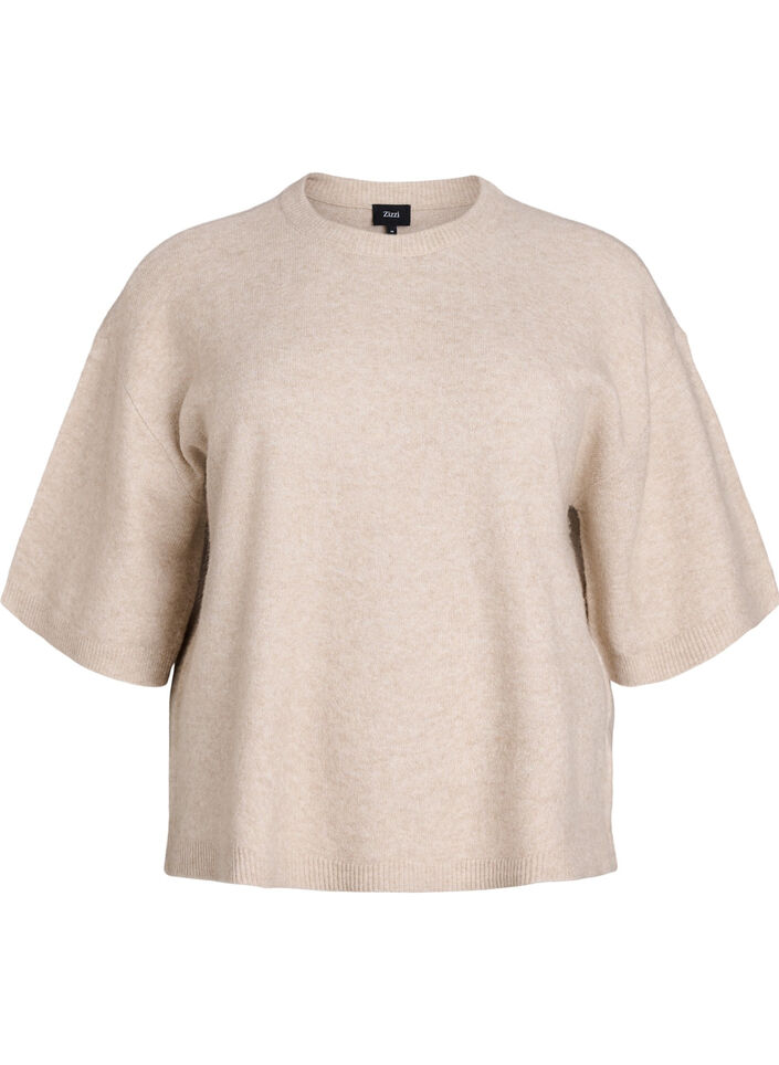 V&auml;lj&auml; neulepusero, jossa on lyhyet hihat, Beige, Packshot image number 0