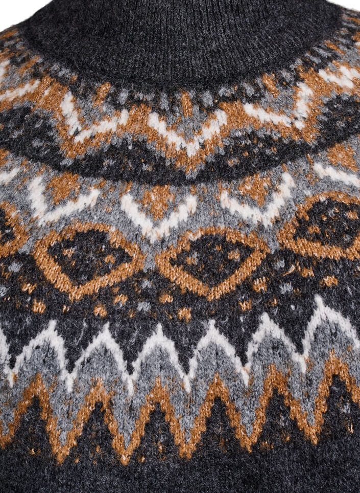 Kuviollinen neulepusero korkealla kauluksella, Harmaa, Packshot image number 2