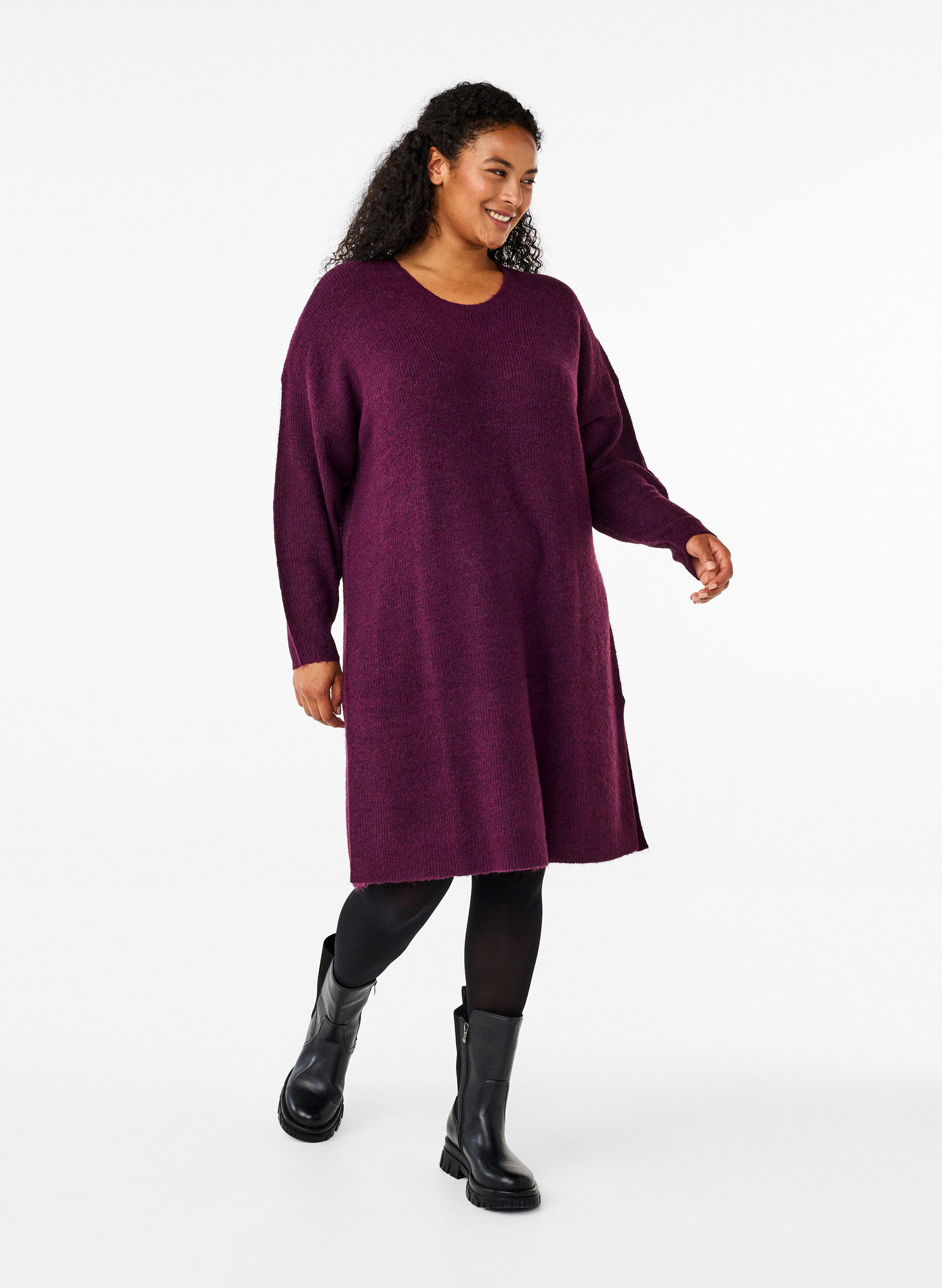 Zizzi Pitk&auml;hihainen ribbineulemekko, Potent Purple Mel., Model image number 2