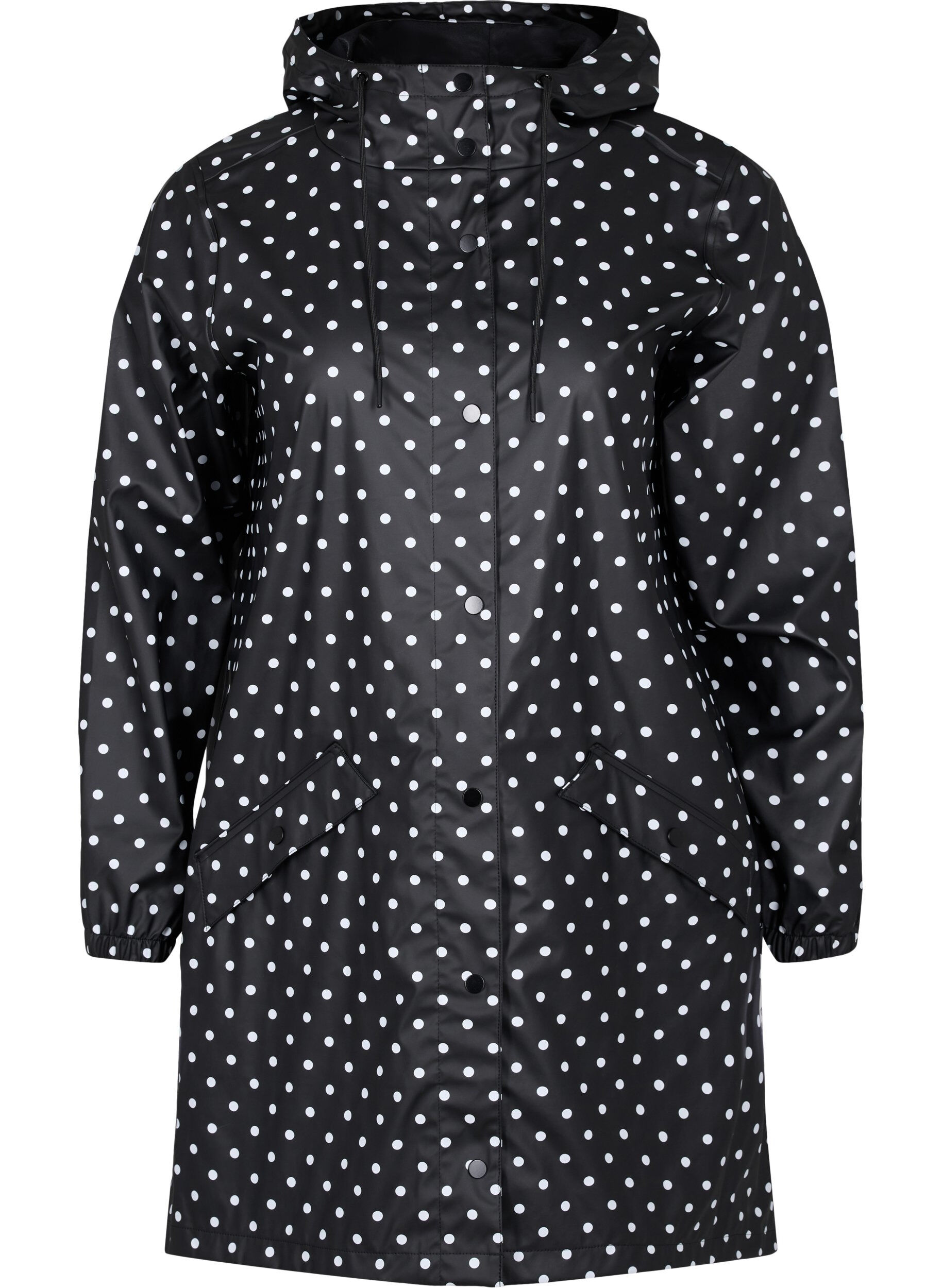 Zizzi Pilkullinen sadetakki hupulla, Black W/White Dot, Packshot image number 0
