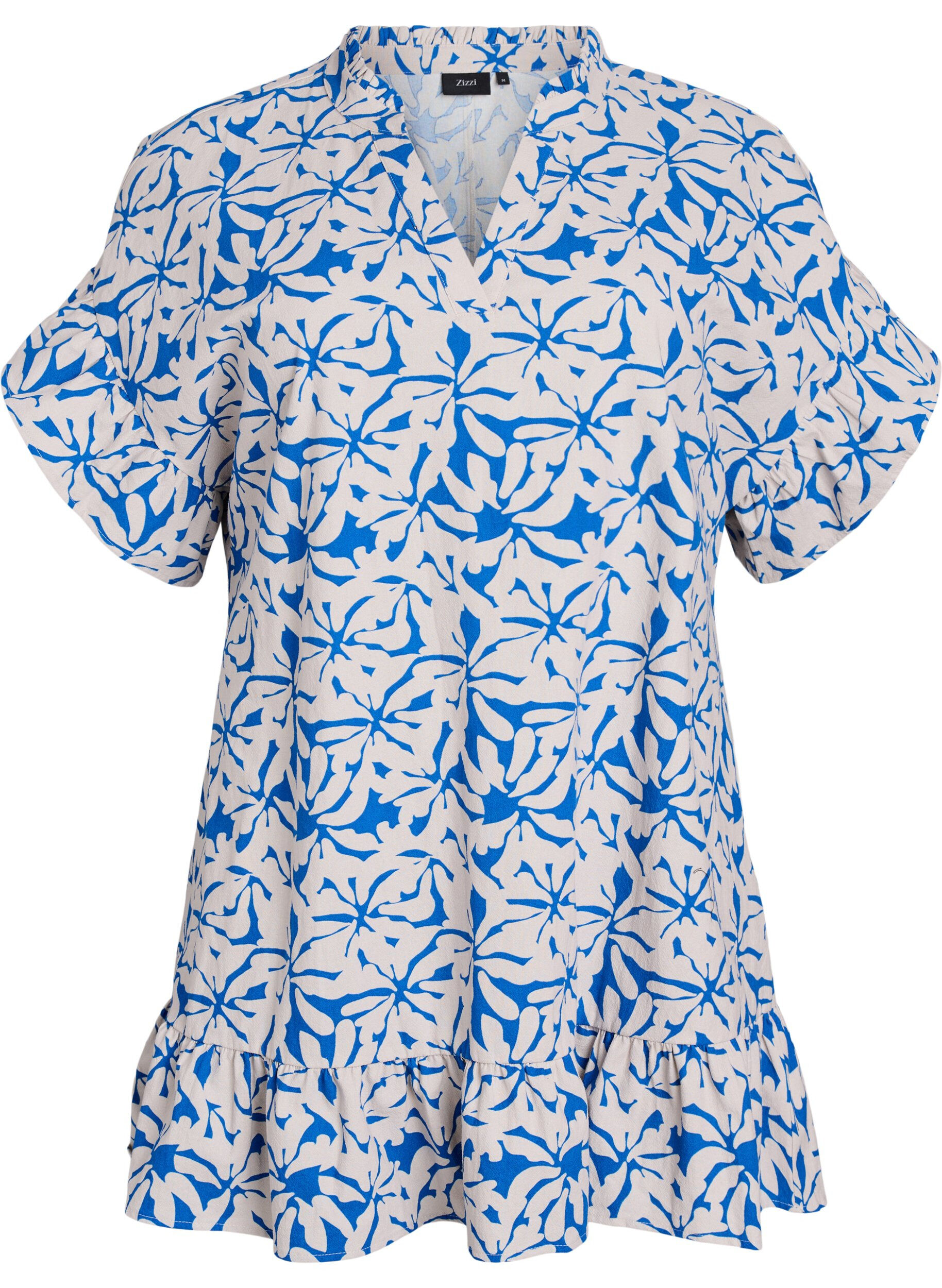 Zizzi V-p&auml;&auml;ntiell&auml; ja r&ouml;yhel&ouml;yksityiskohdilla varustettu tunika, Sininen, Packshot image number 0