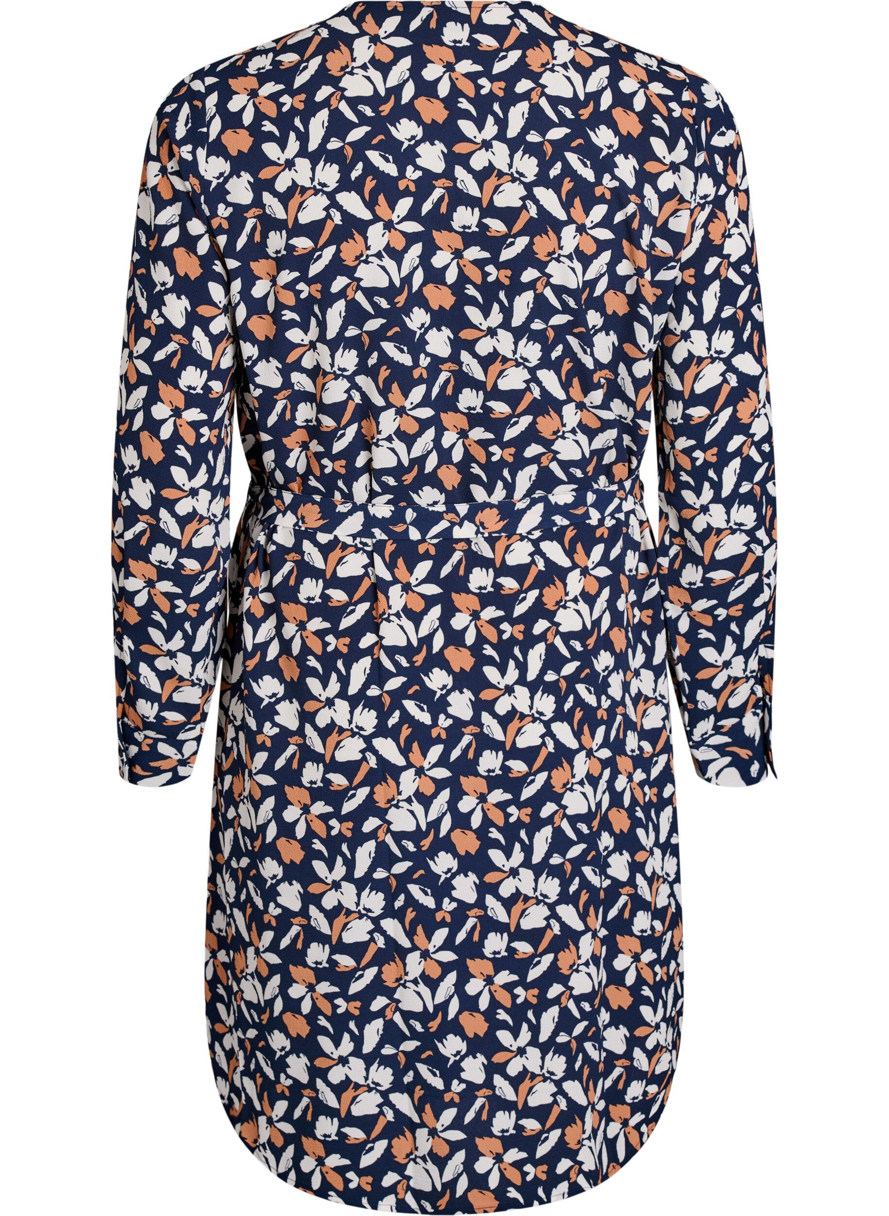 Zizzi Pitk&auml;hihainen paitamekko solmittavalla vy&ouml;ll&auml;, Sininen, Packshot image number 1