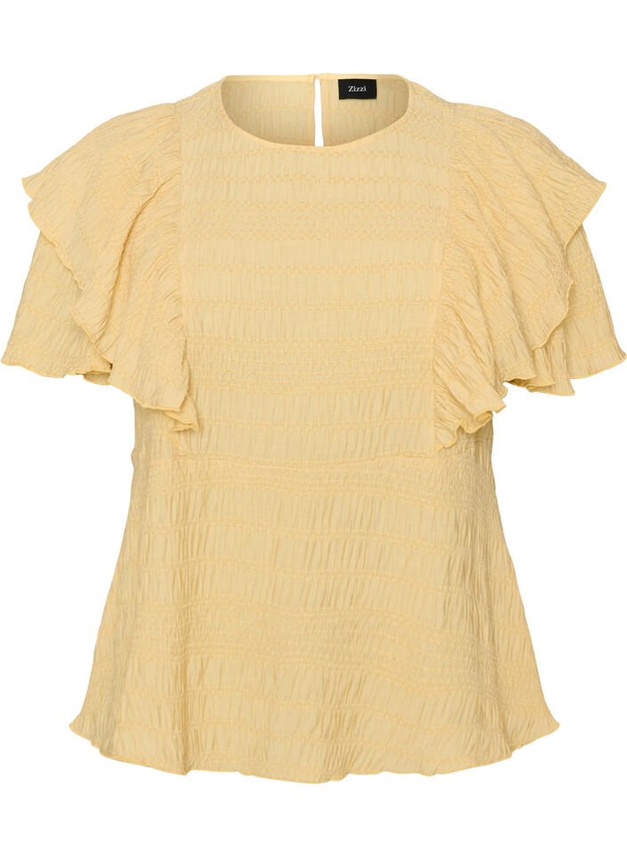 Pusero smock-tekstuurilla ja r&ouml;yhel&ouml;hihoilla, Keltainen, Packshot image number 0