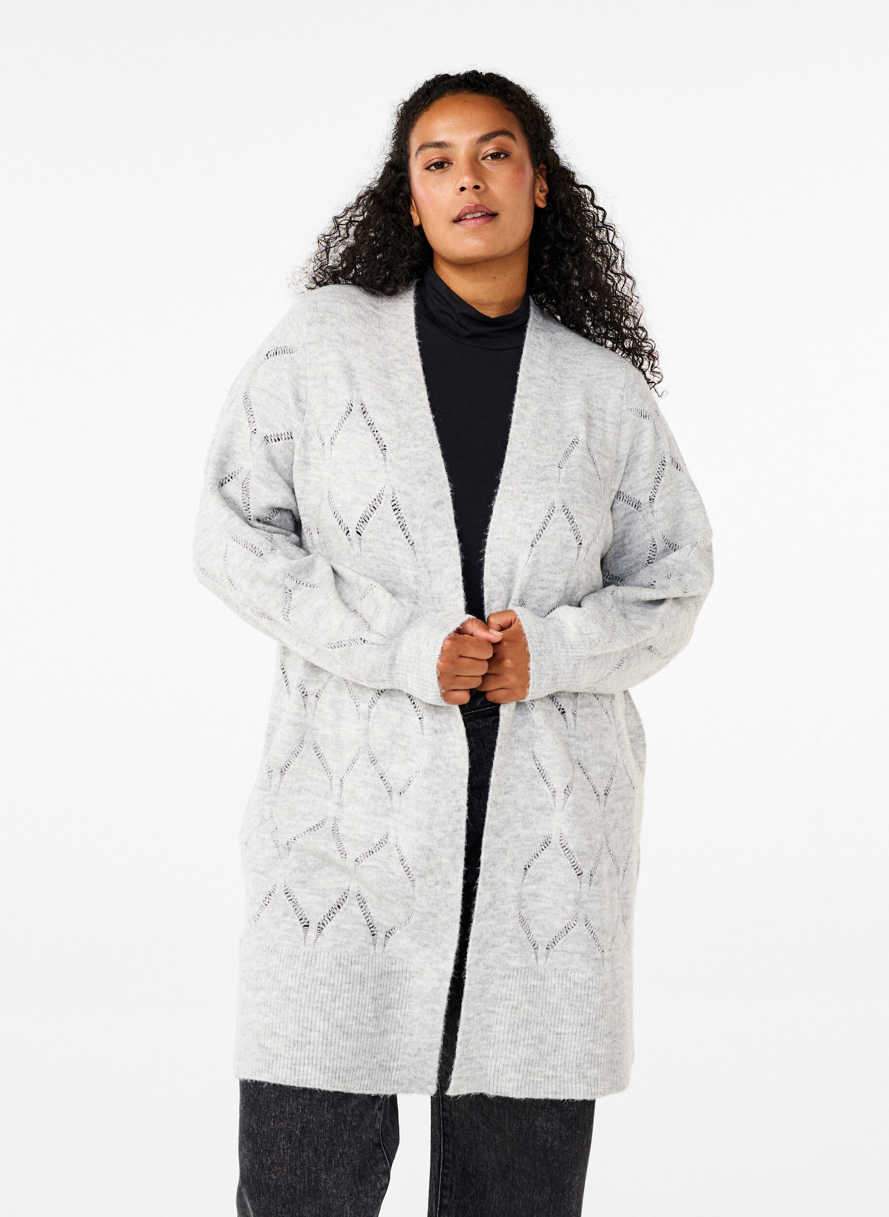 Zizzi Pitk&auml;hihainen neuletakki, Light Grey Melange, Model image number 0