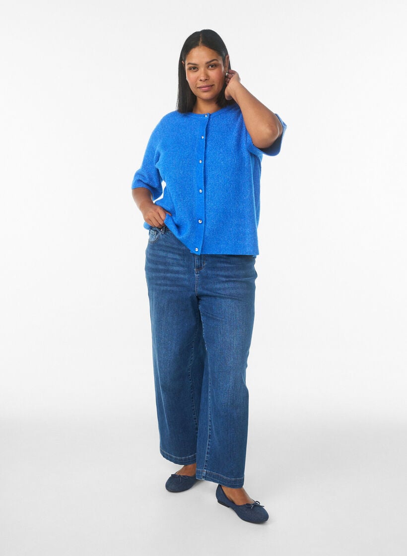 Lyhythihainen neuletakki kiilt&auml;vill&auml; pallonapeilla, Sininen, Model image number 1