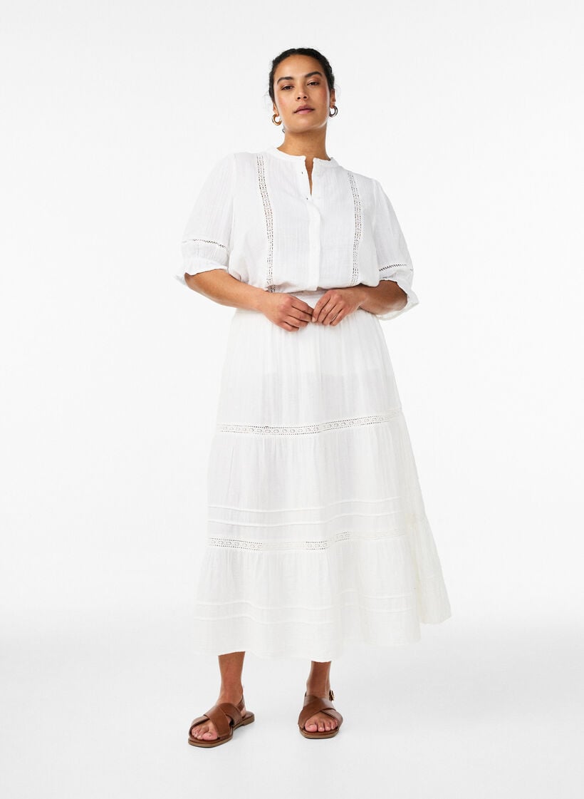 A-linjainen midihame puuvillamusliinista virkkausnauhalla, Valkoinen, Model image number 0