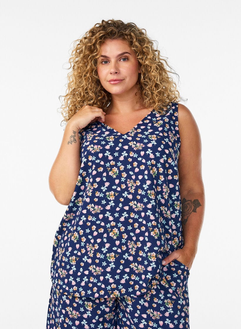Printtitoppi v-p&auml;&auml;ntiell&auml;, Sininen, Model image number 0