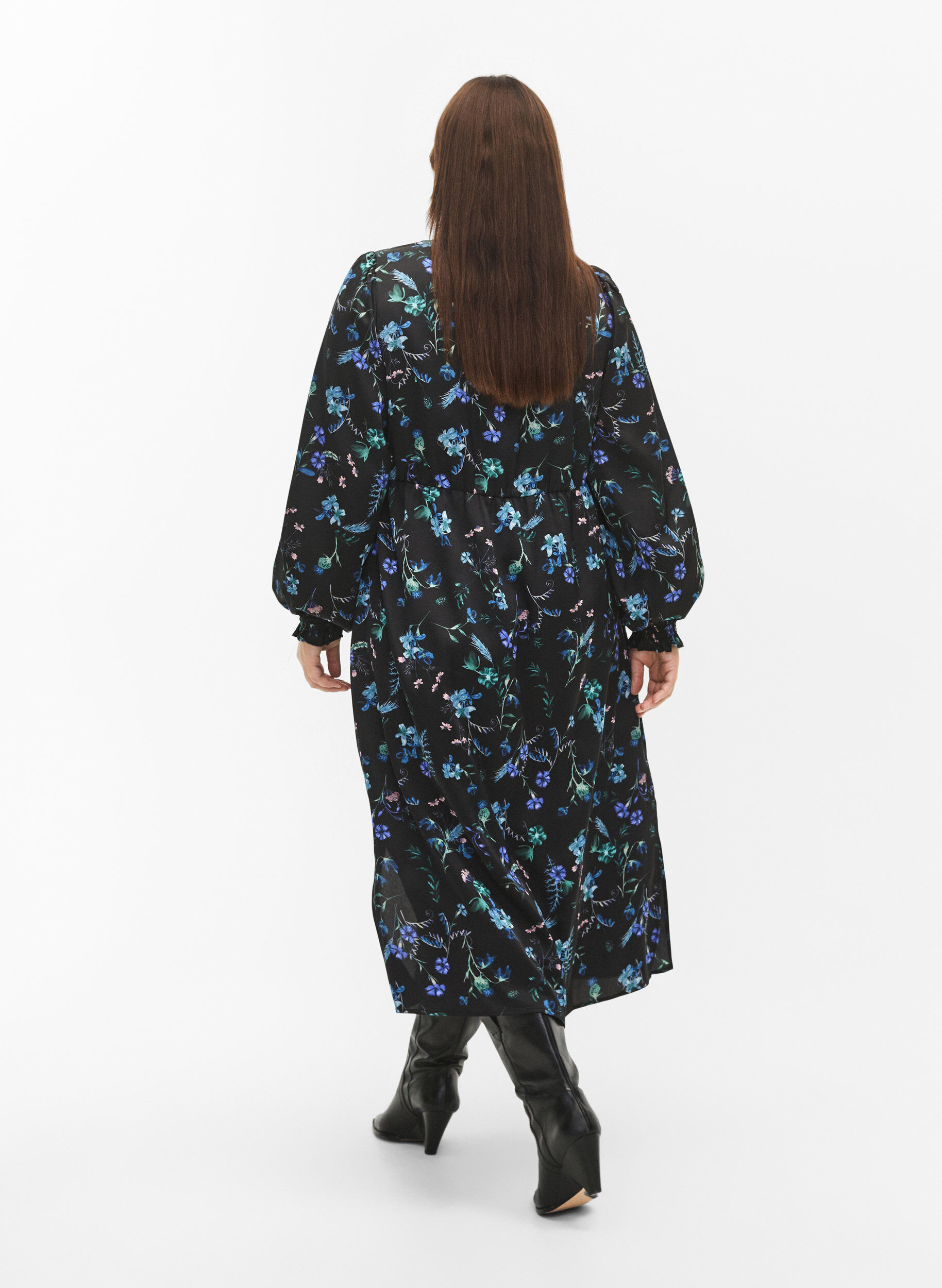 ZizziPitk&auml;hihainen midi-mekko kukkakuvioinnilla, Blue Flower AOP, Model image number 1