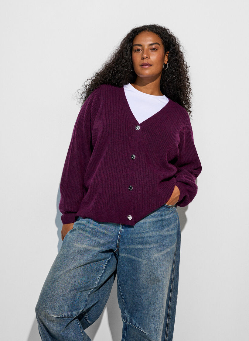 Neuletakki V-p&auml;&auml;ntiell&auml; ja ribatulla tekstuurilla, Violetti, Model image number 0