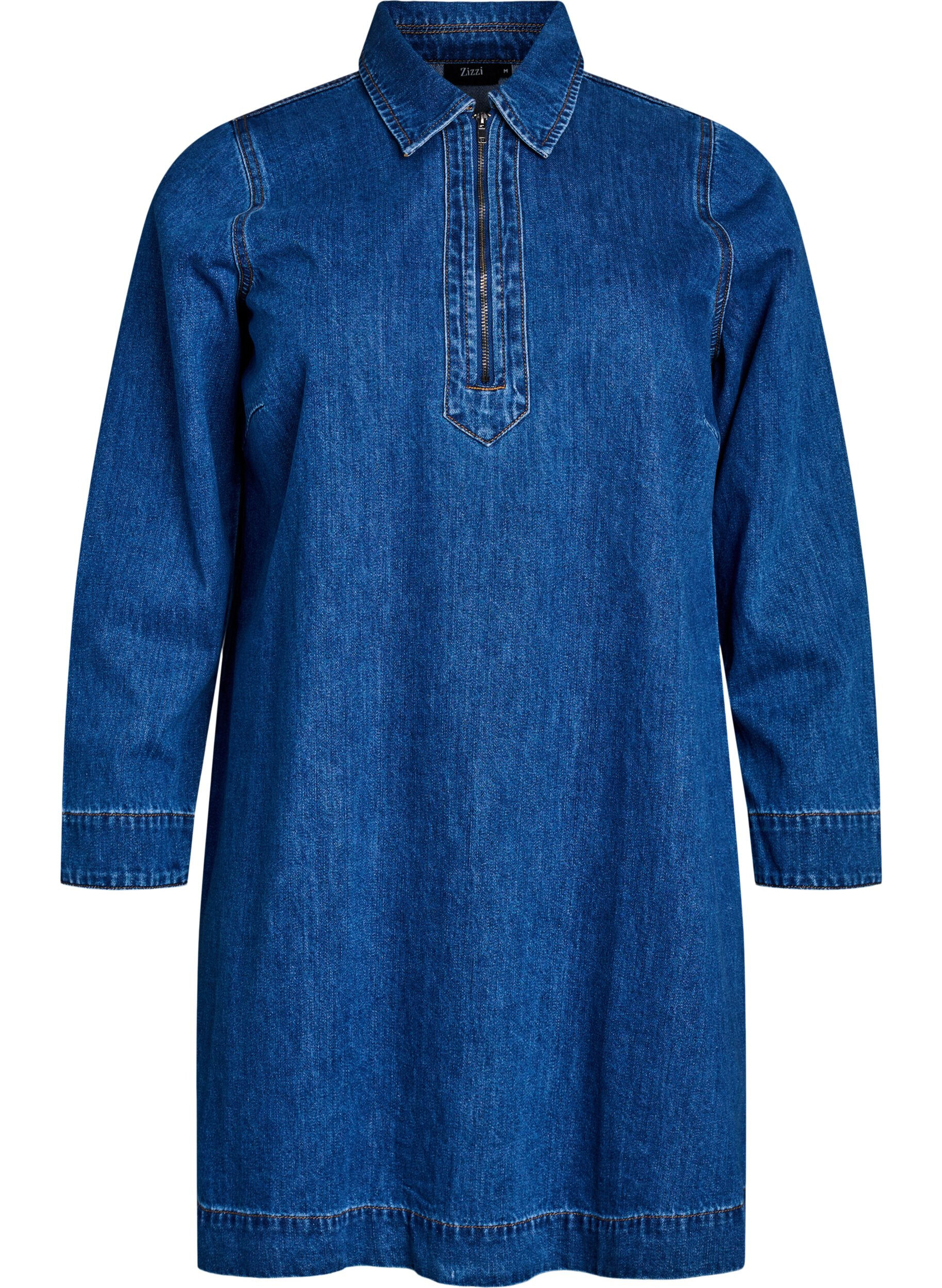 Lyhyt farkkumekko vetoketjuyksityiskohdalla ja kauluksella