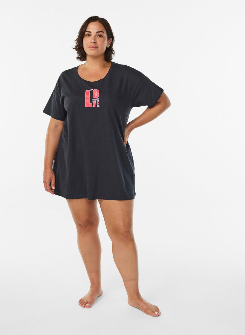 Pitk&auml; y&ouml;-T-paita luomupuuvillasta printill&auml;, Harmaa, Model image number 1