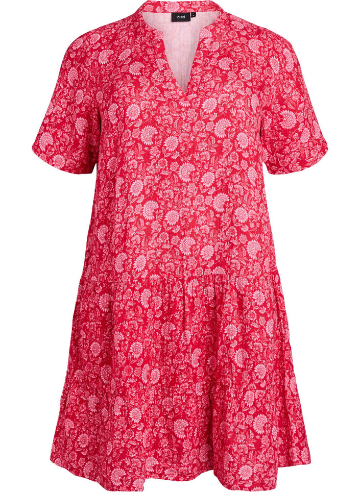 Lyhyt A-linjainen mekko puuvillamusliinista, Punainen, Packshot image number 0