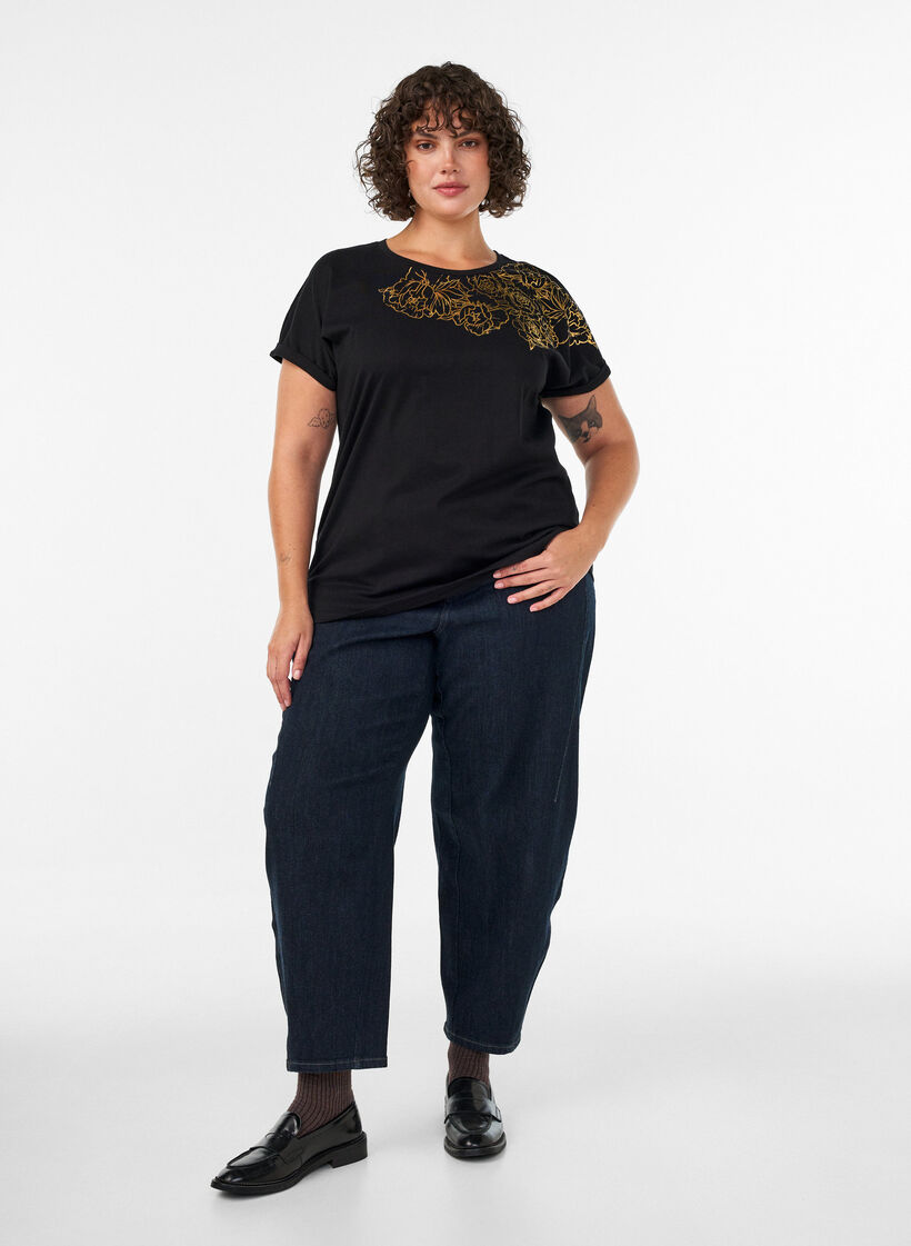 Puuvillainen T-paita kukkaprintill&auml;, Musta, Model image number 1
