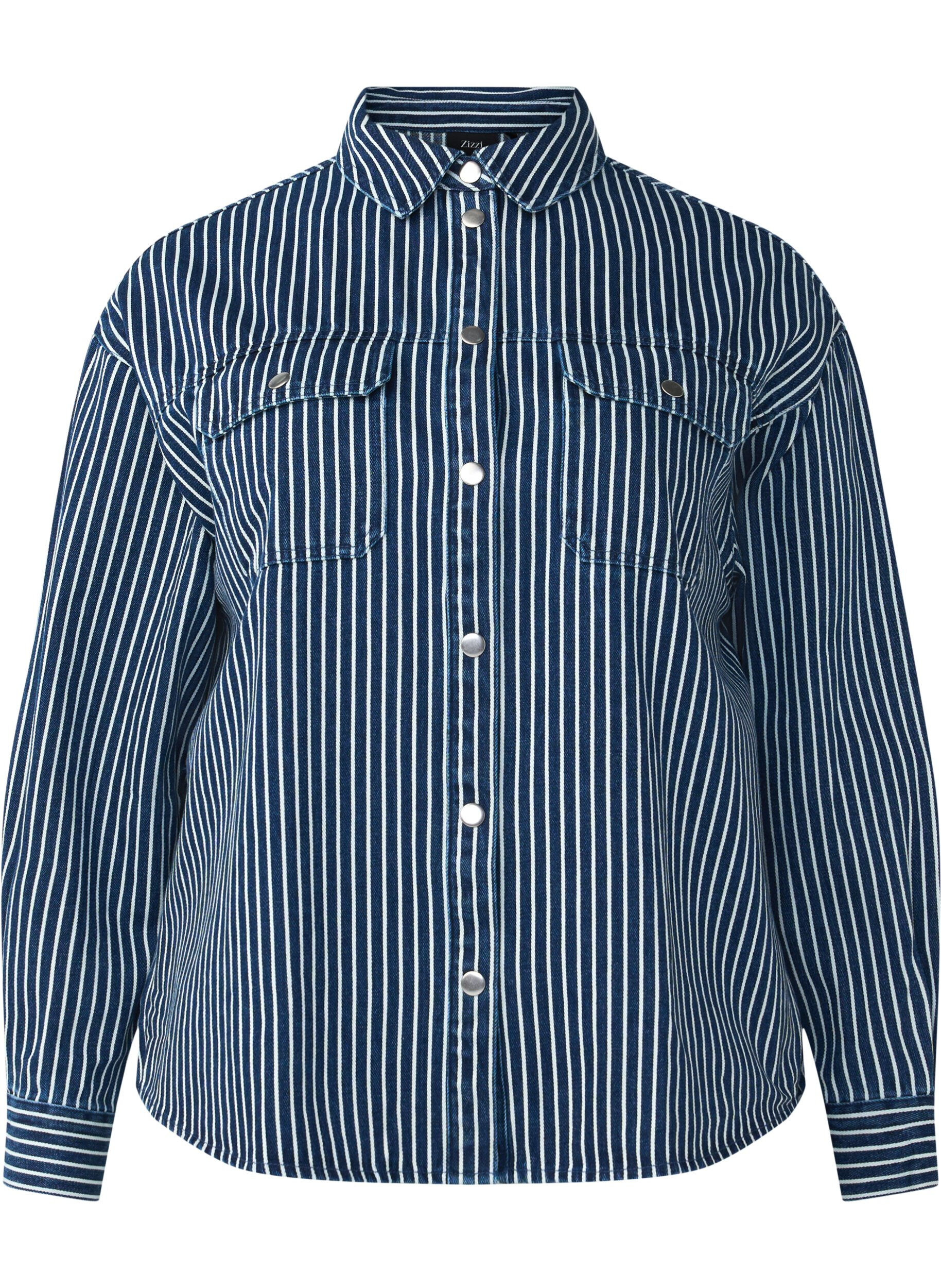 Zizzi Yksiv&auml;rinen farkkupaita rintataskuilla, Blue Denim Stripe, Packshot image number 0