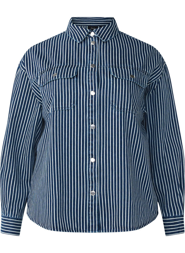 Raidallinen farkkupaita, jossa on rintataskut., Blue Denim Stripe, Packshot image number 0