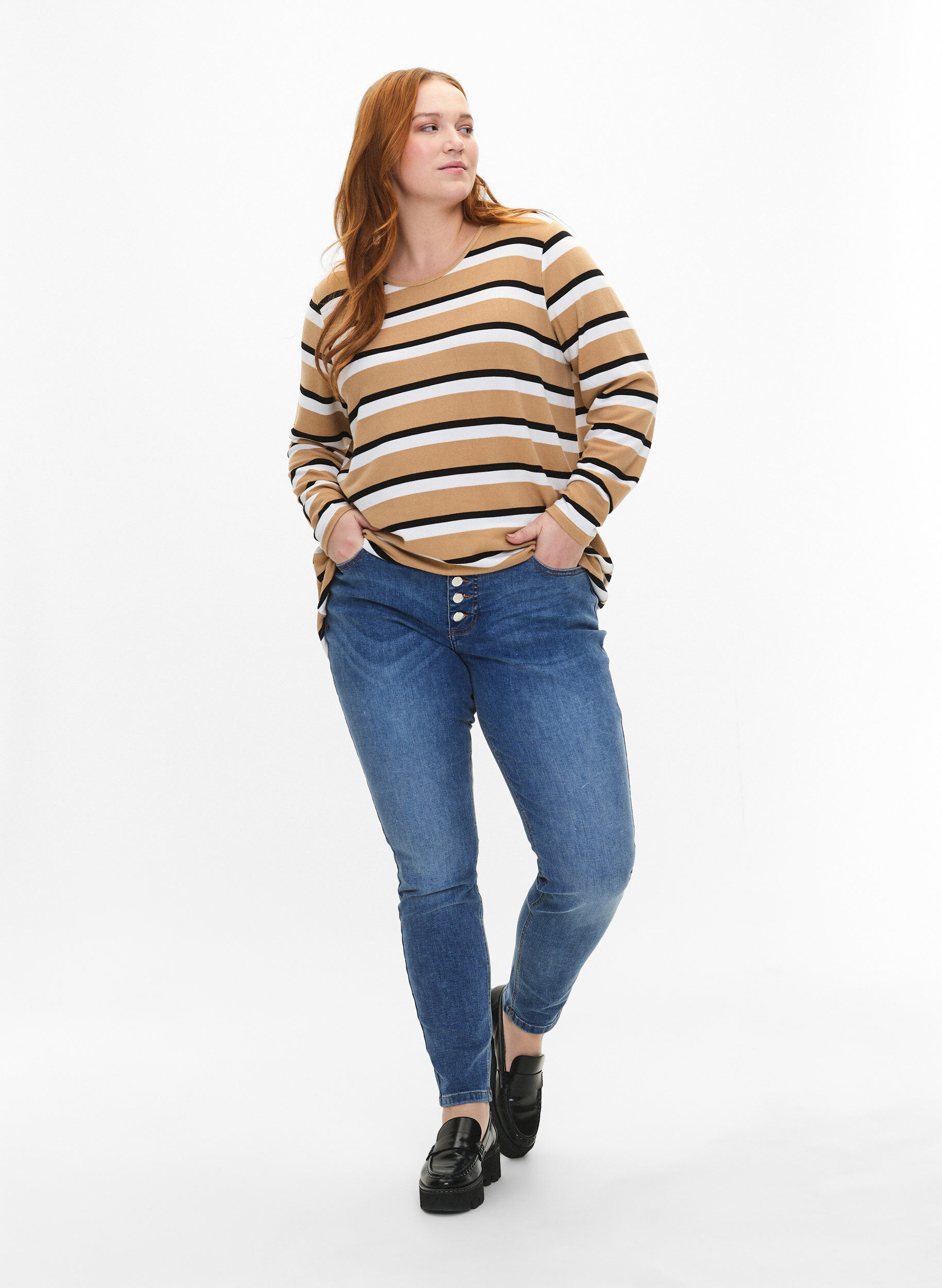 ZizziPitk&auml;hihainen raidallinen pusero, Musta, Model image number 1