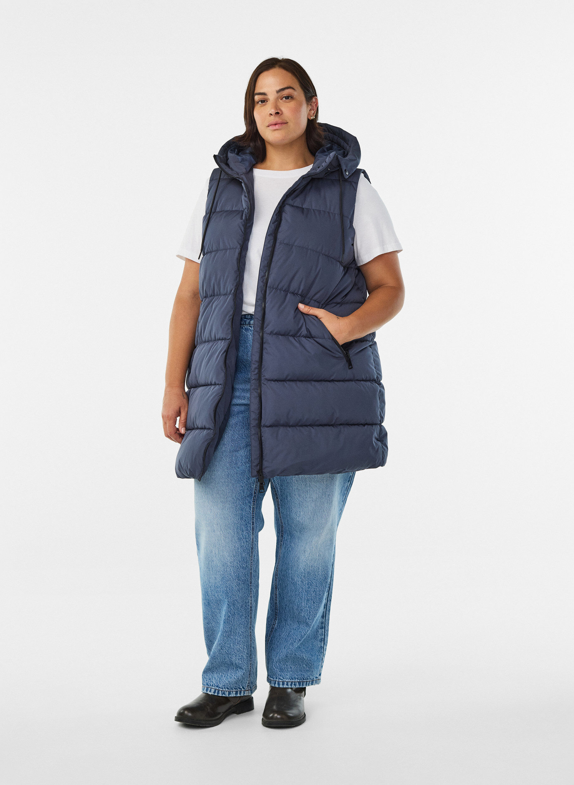 ZizziPitk&auml; liivi hupulla ja taskuilla, Sininen, Model image number 1